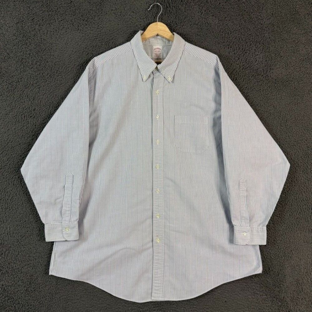 Brooks Brothers OCBD Shirt Mens 18.5 34 Blue Striped Long Sleeve Made in USA
